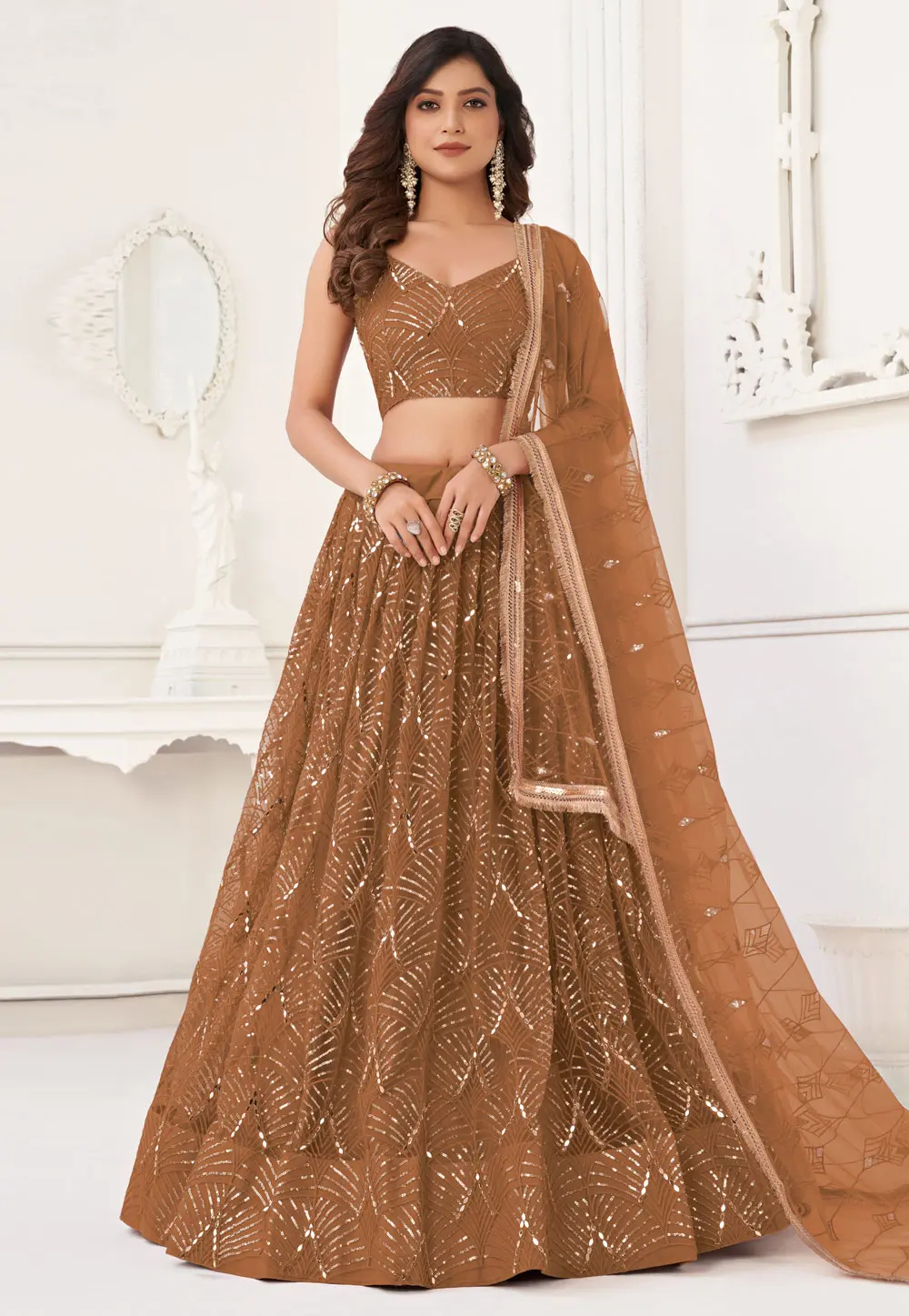 Brown Net Circular Lehenga Choli 299769