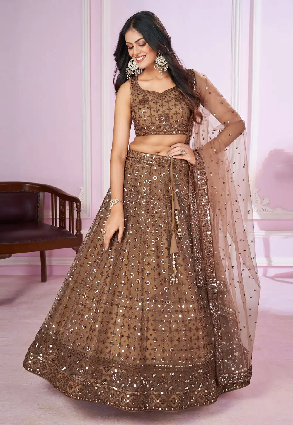 Brown Net Circular Lehenga Choli 292055