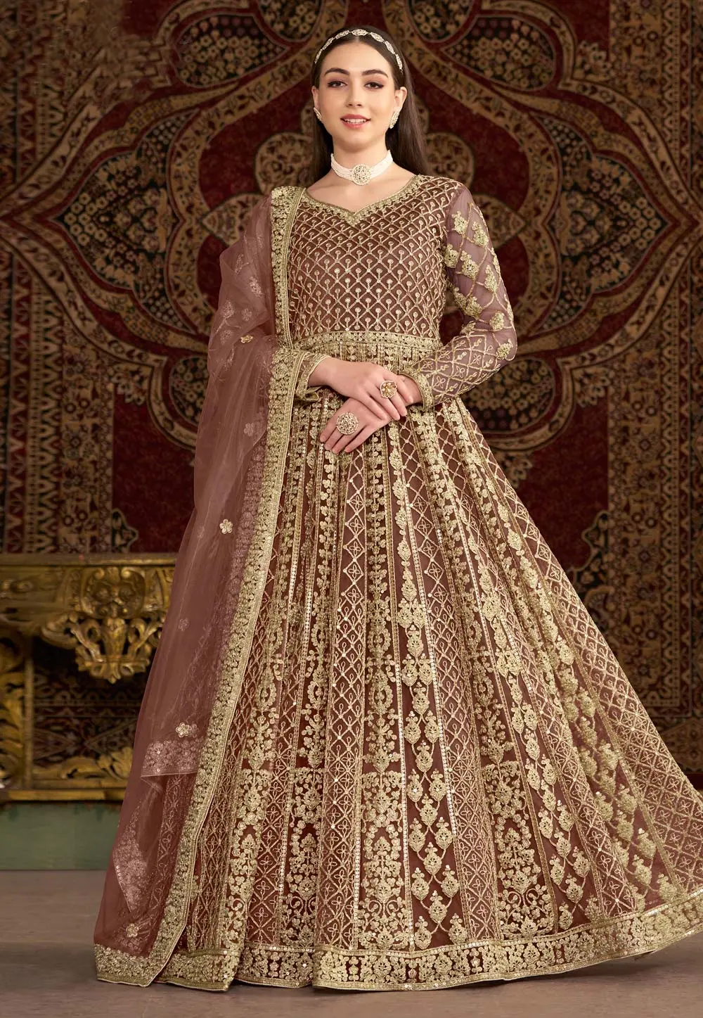 Brown Net Embroidered Anarkali Suit 297965