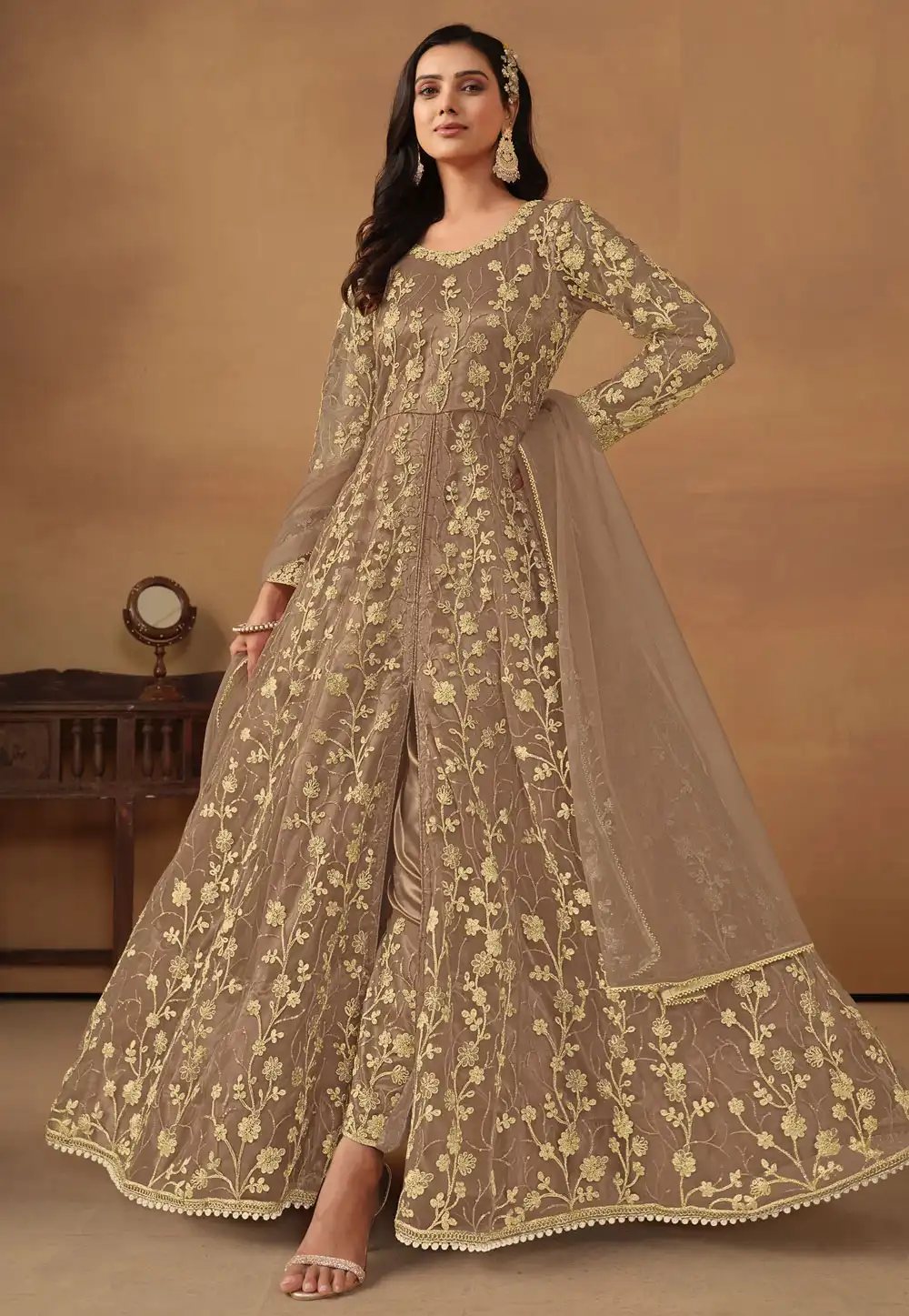 Brown Net Embroidered Center Slit Anarkali Suit 291840