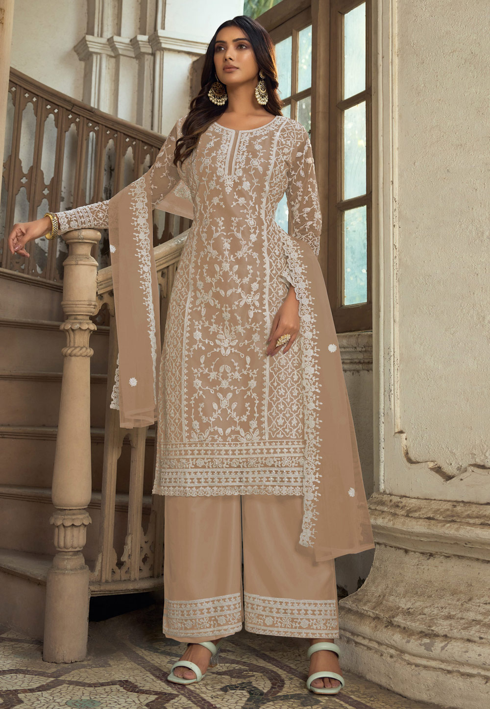 Brown Net Embroidered Palazzo Suit 278507