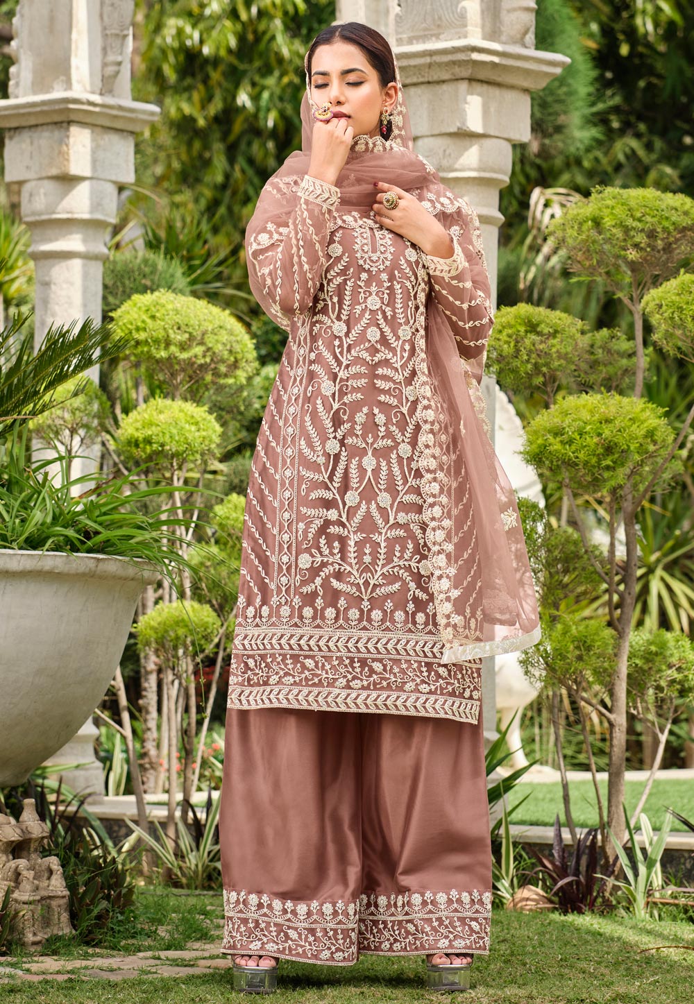 Brown Net Embroidered Palazzo Suit 282892