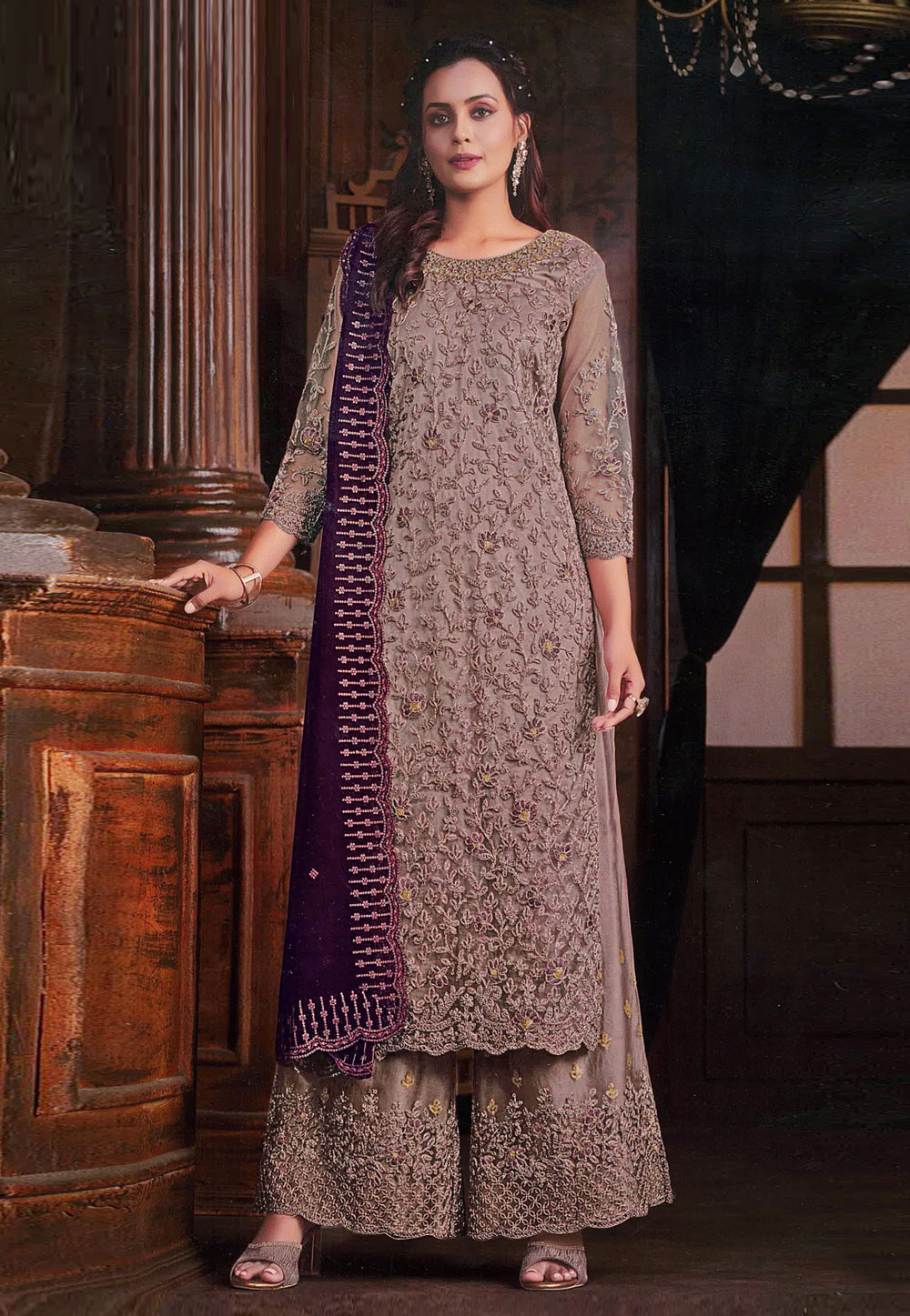 Brown Net Embroidered Palazzo Suit 284414