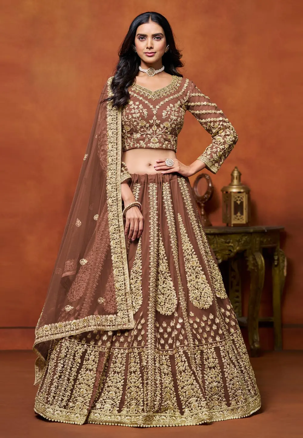 Brown Net Lehenga Choli 298230