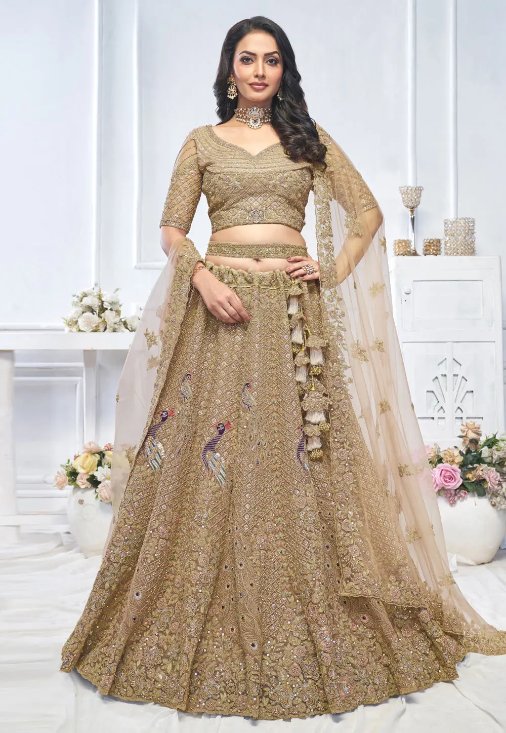 Brown Net Lehenga Choli For Wedding 303686