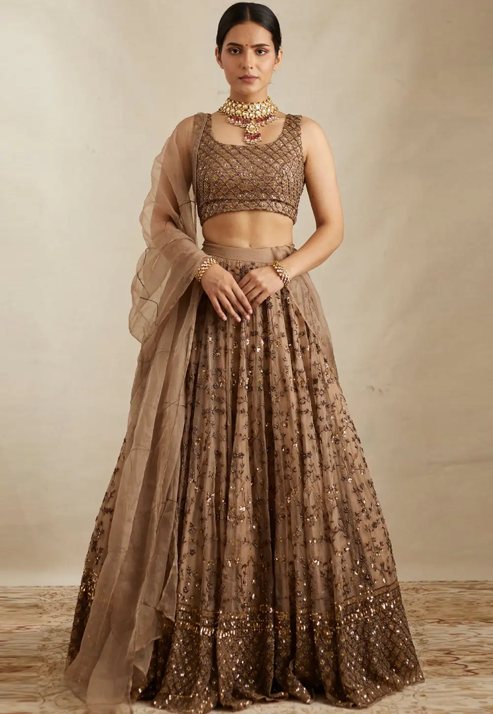 Brown Net Lehenga Choli 296565