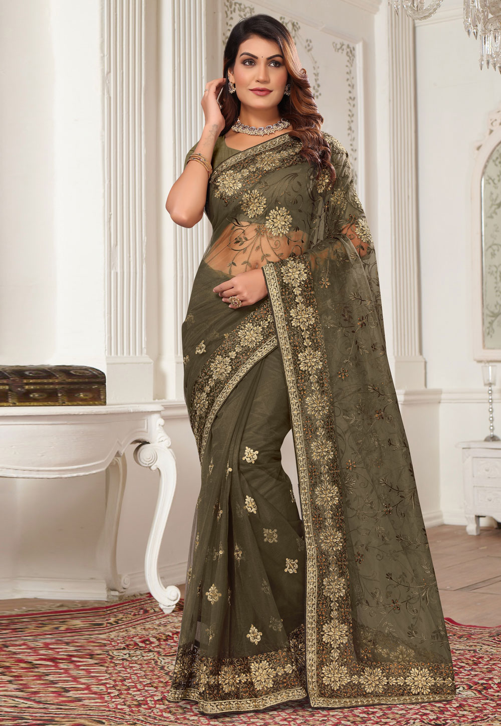 Brown Net Saree With Blouse 287663