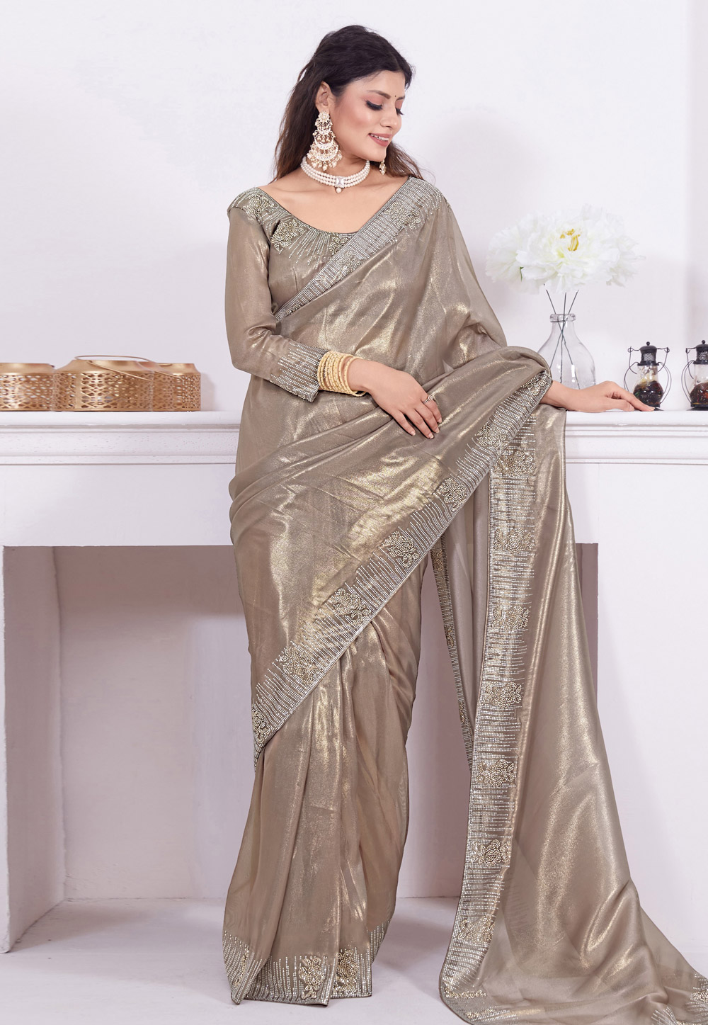 Brown Net Saree With Blouse 284805