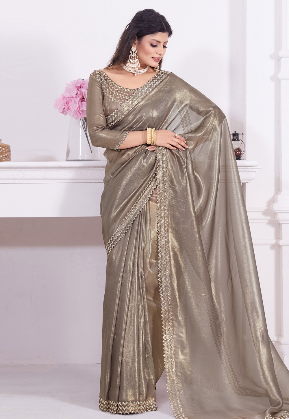 Brown Net Saree With Blouse 284810