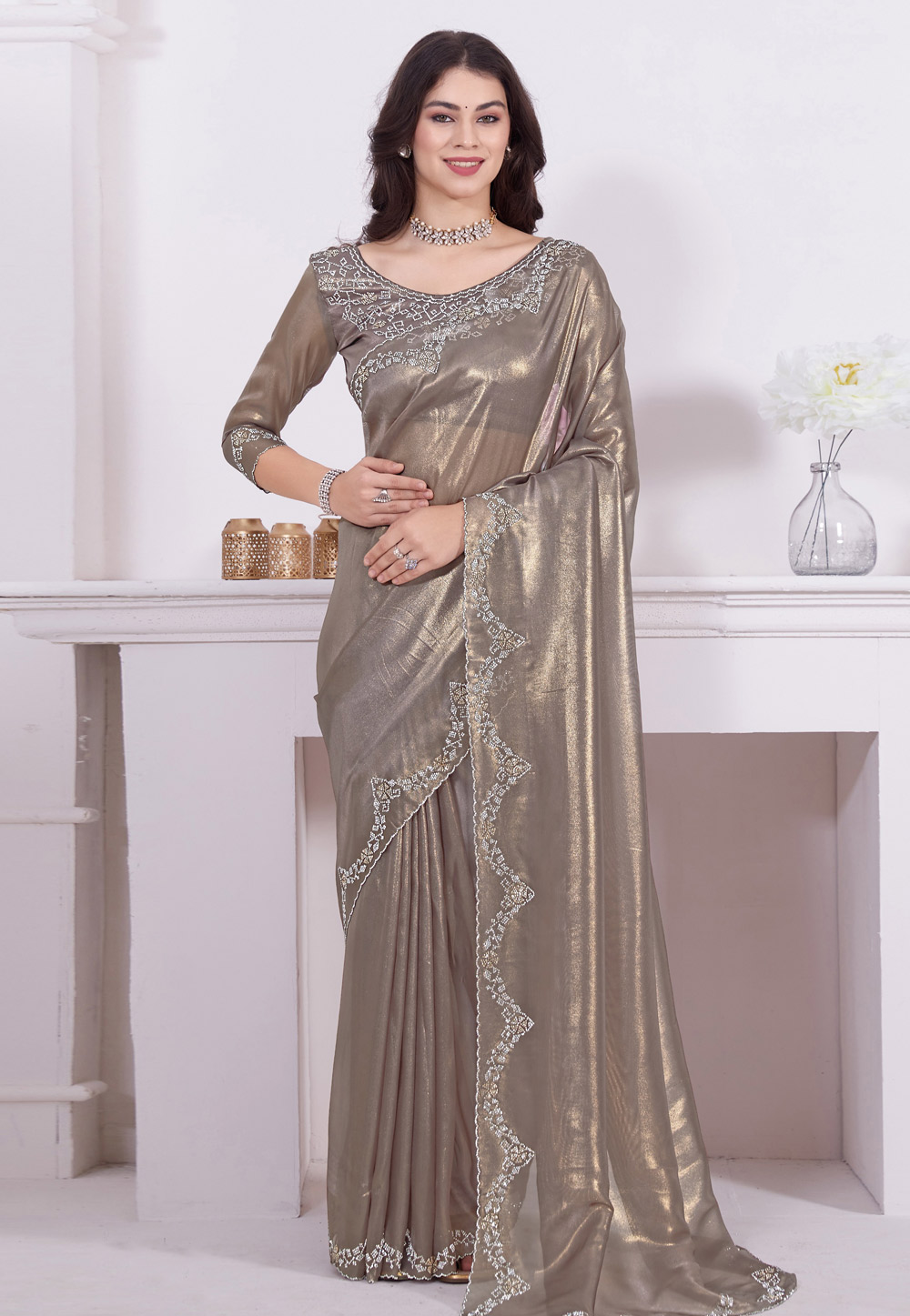 Brown Net Saree With Blouse 284815