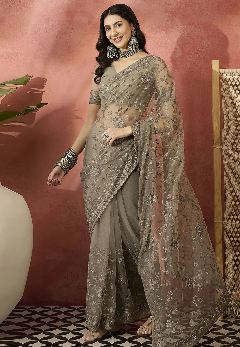 Brown Net Saree With Blouse 304674