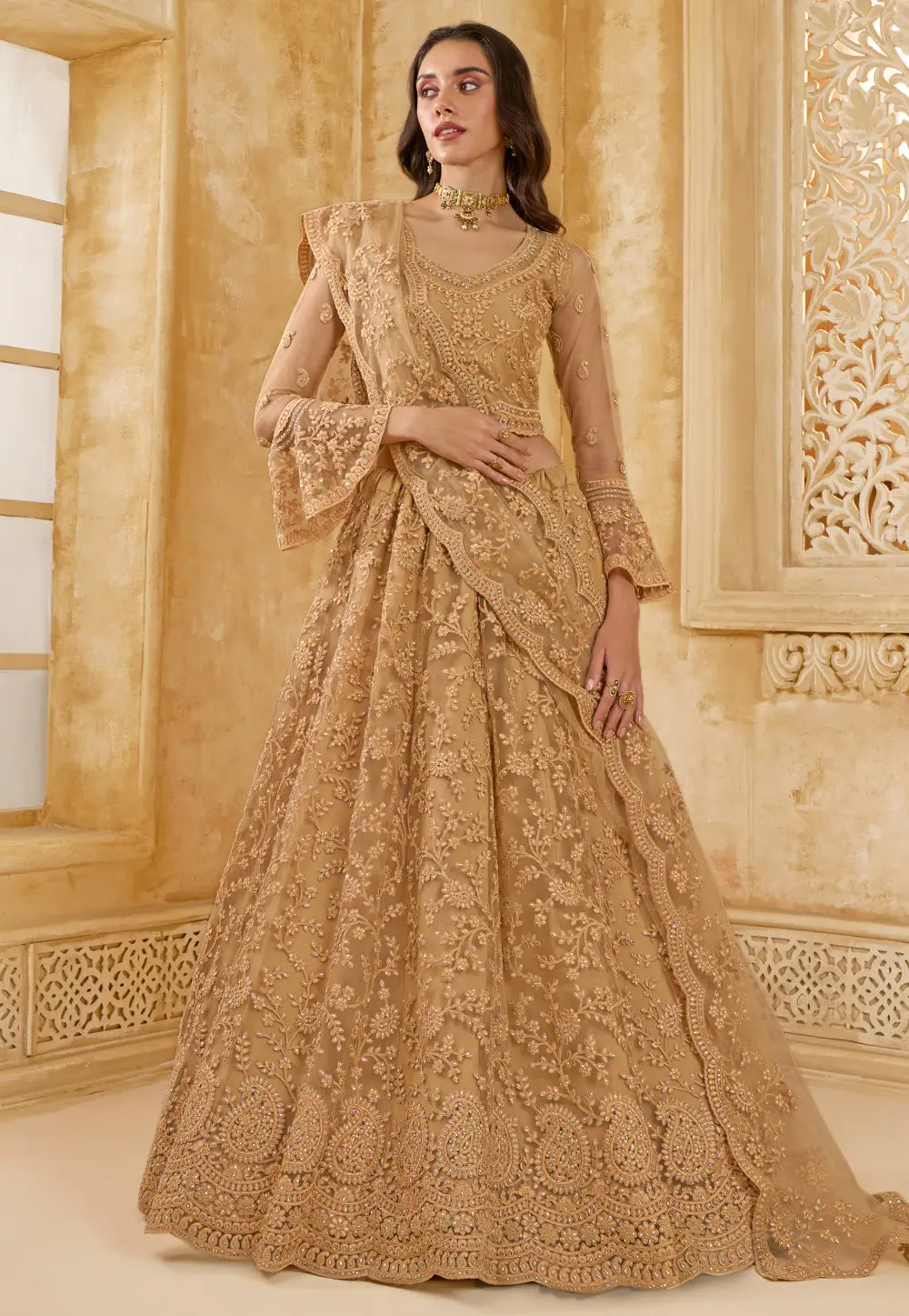 Brown Net Wedding Lehenga Choli 298545