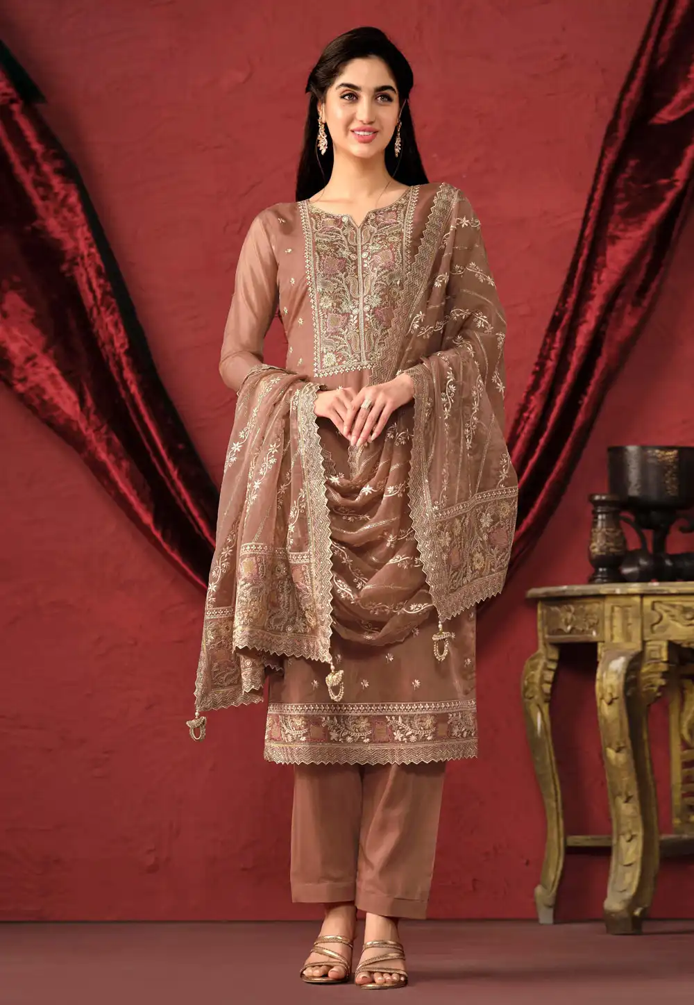 Brown Organza Pant Style Suit 290969