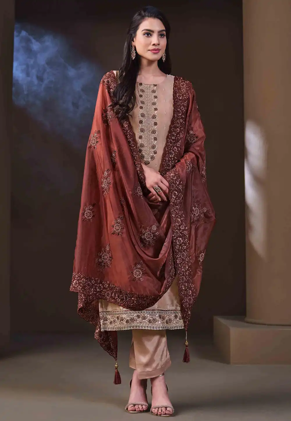 Brown Organza Readymade Pakistani Suit 291151