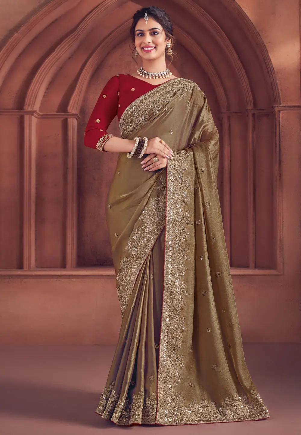 Brown Organza Saree With Blouse 301759