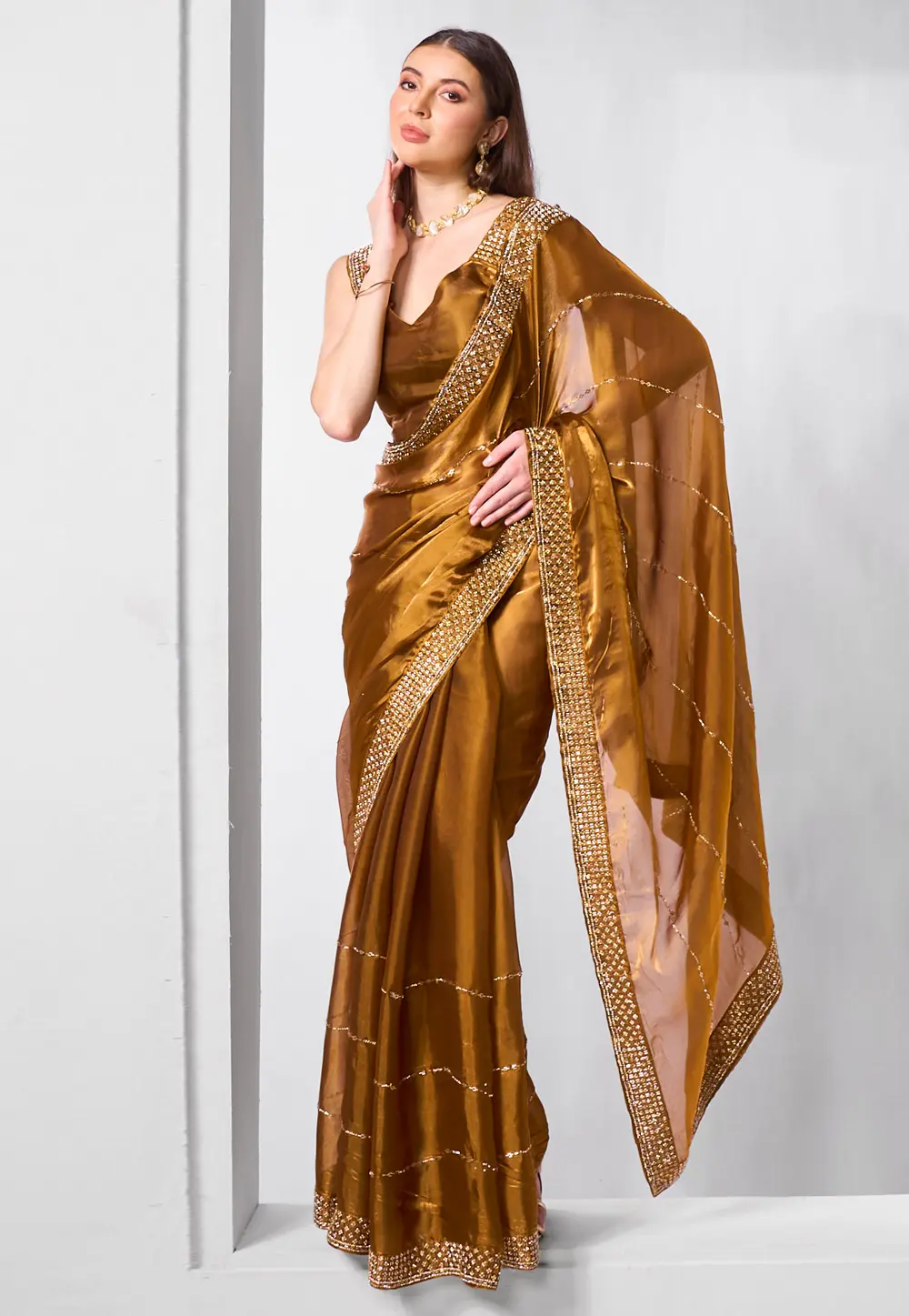 Brown Organza Saree With Blouse 299054