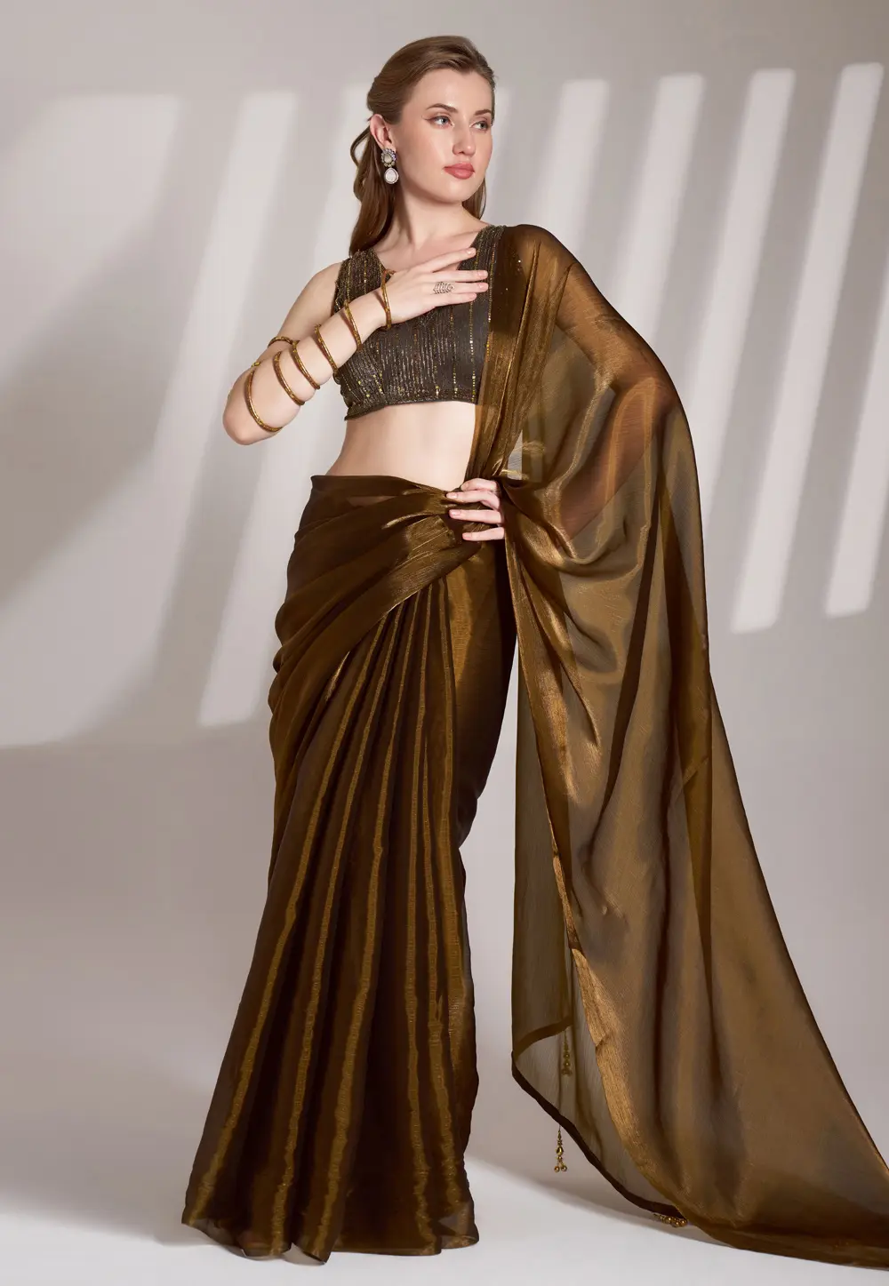 Brown Organza Saree With Blouse 304525