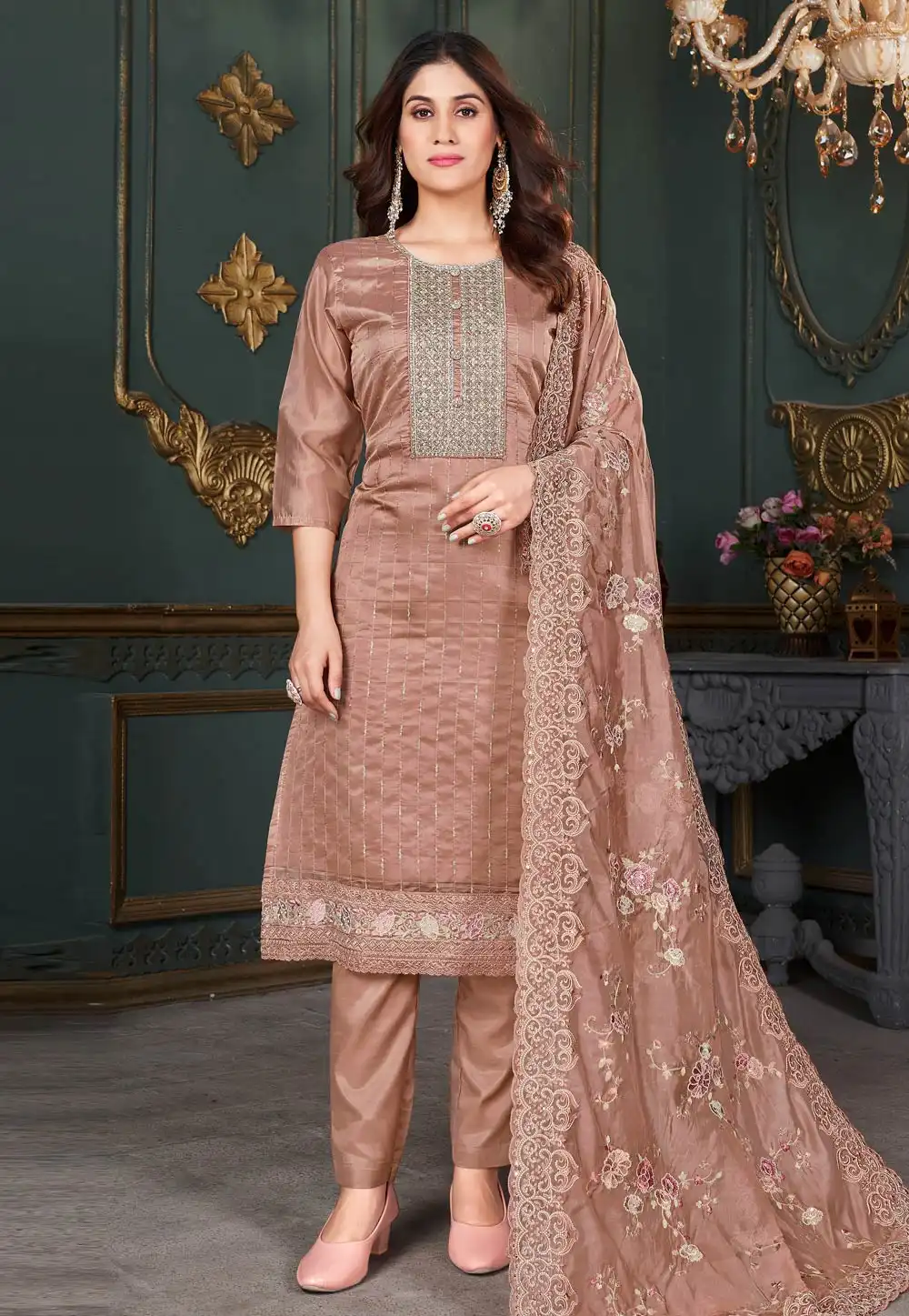 Brown Organza Straight Suit 289855