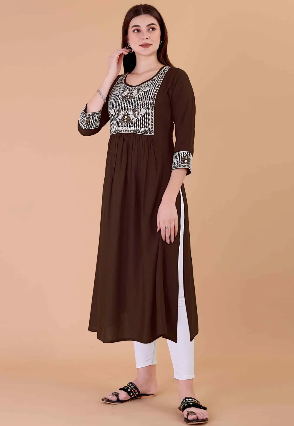 Brown Rayon Long Kurti 297383