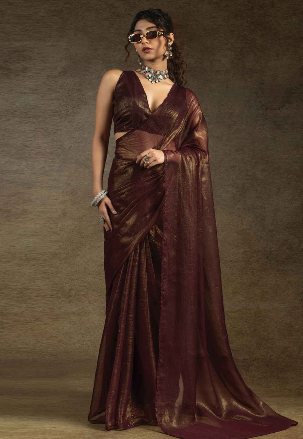 Brown Satin Chiffon Lehenga Saree 309126