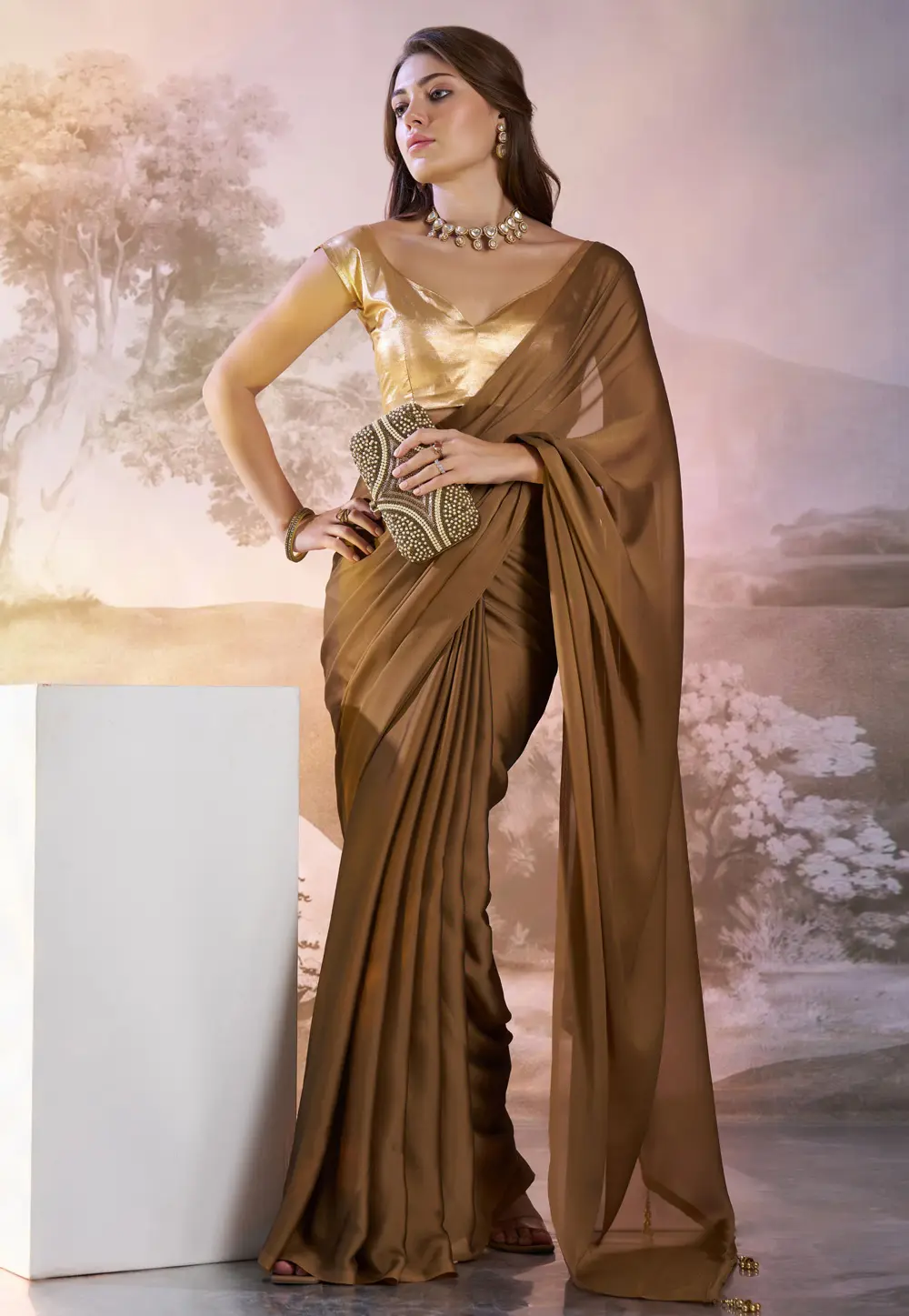 Brown Satin Saree With Blouse 304533