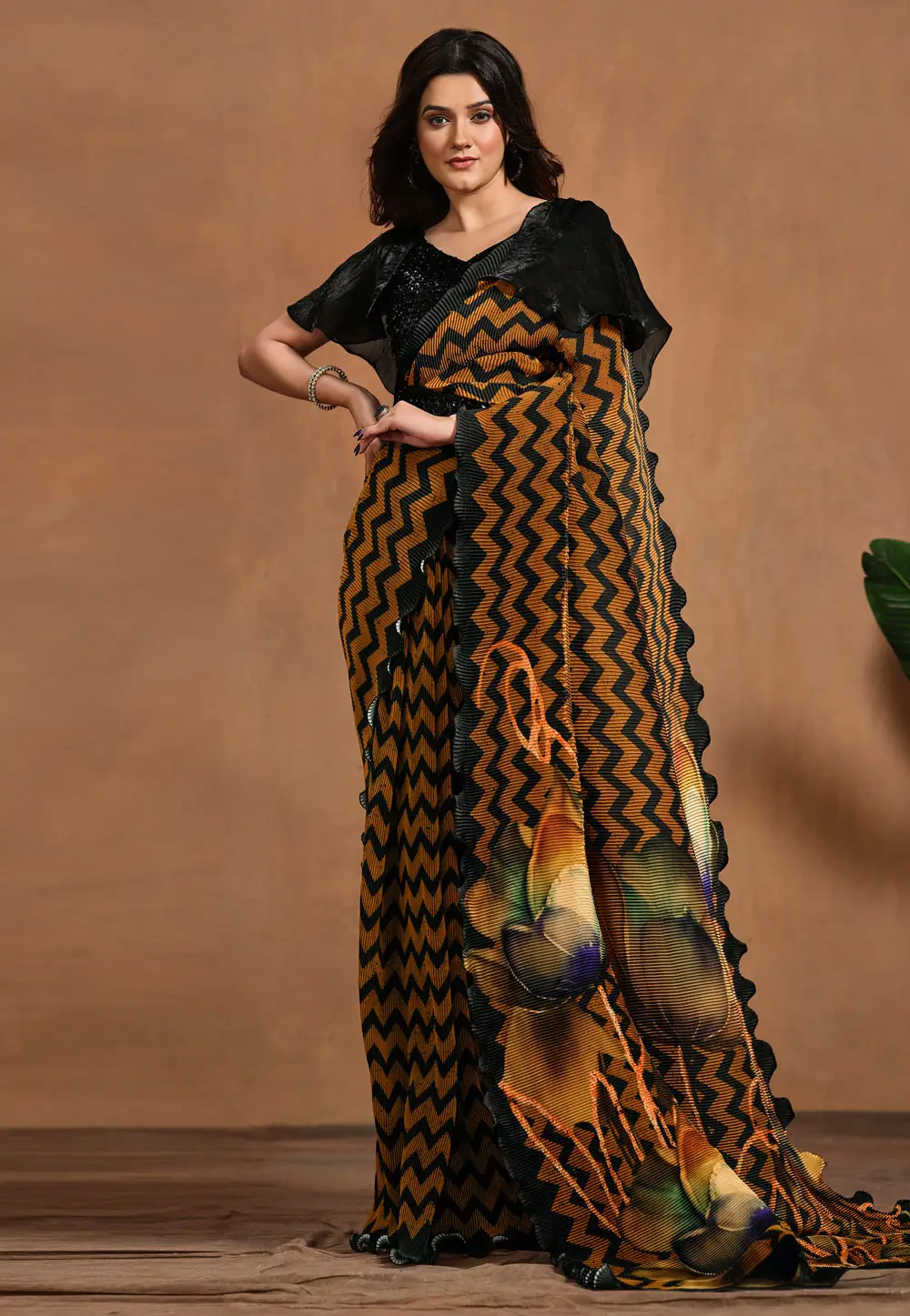 Brown Satin Silk Designer Saree 296446