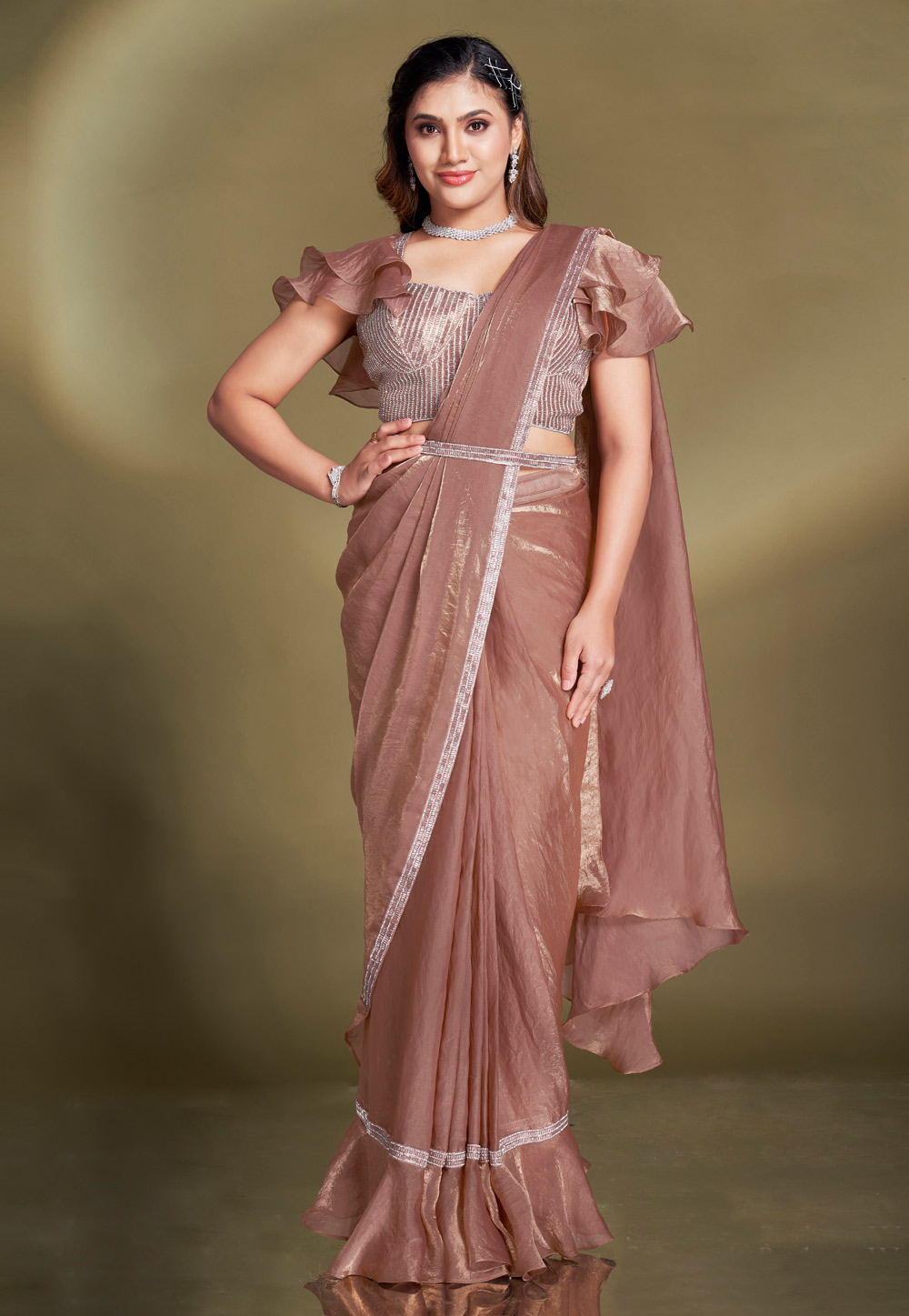 Brown Satin Silk Designer Saree 309643