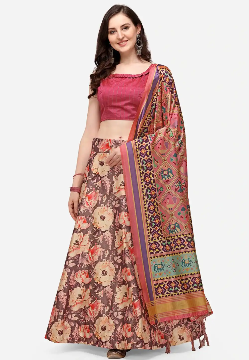 Brown Satin Silk Floral Lehenga choli 292279