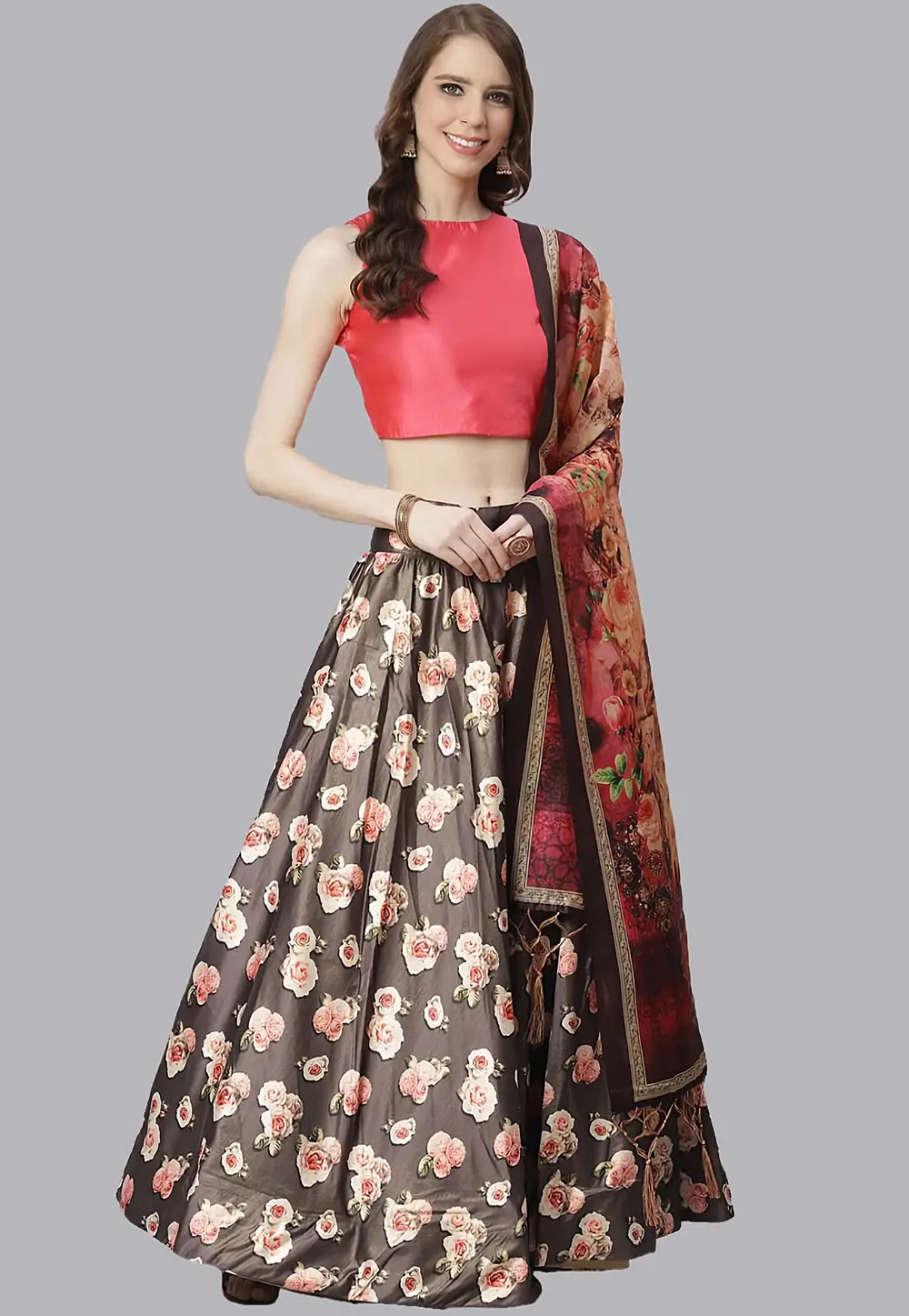 Brown Satin Silk Floral print Lehenga choli 297157