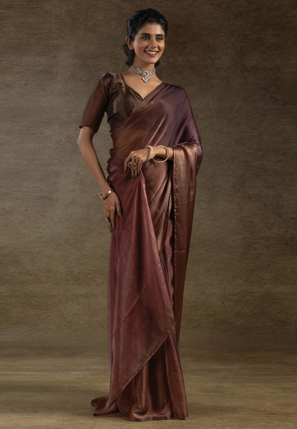 Brown Satin Silk Saree With Blouse 309129