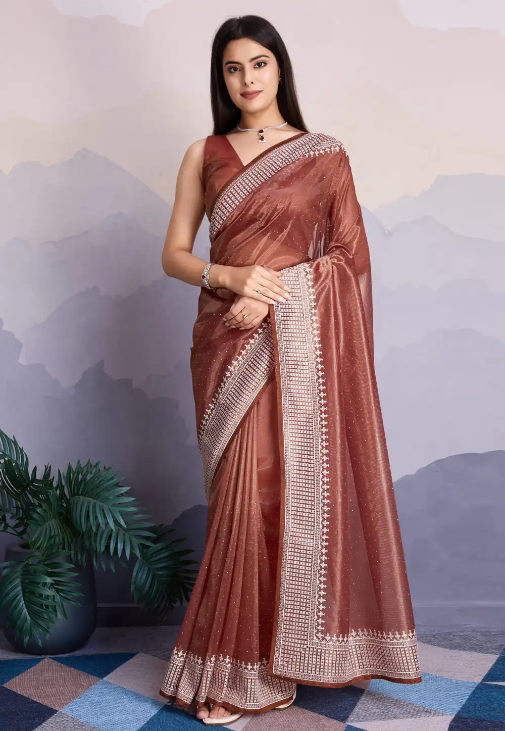 Brown Shimmer Net Saree With Blouse 294790