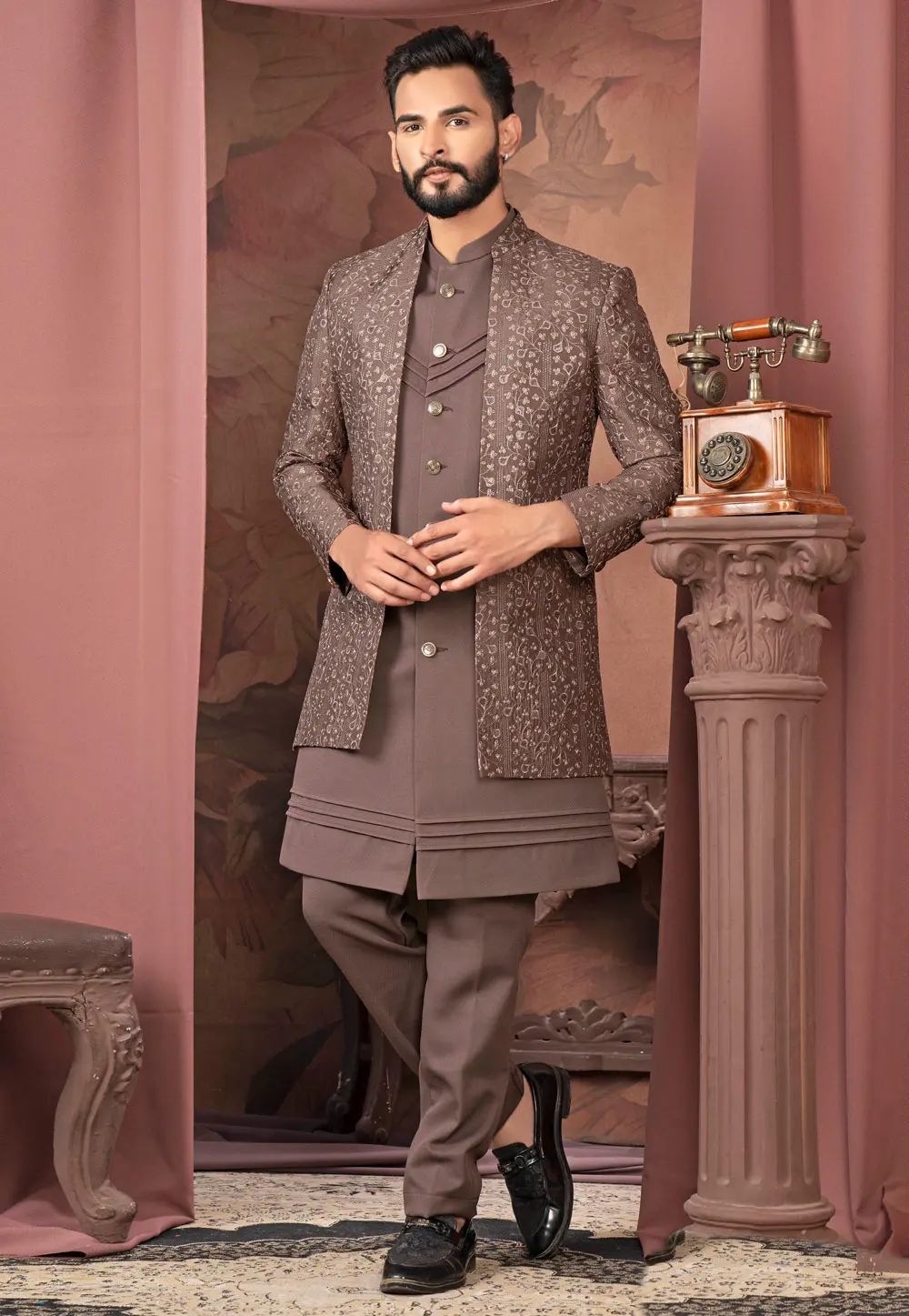 Brown Silk Jacket Style Sherwani 302421