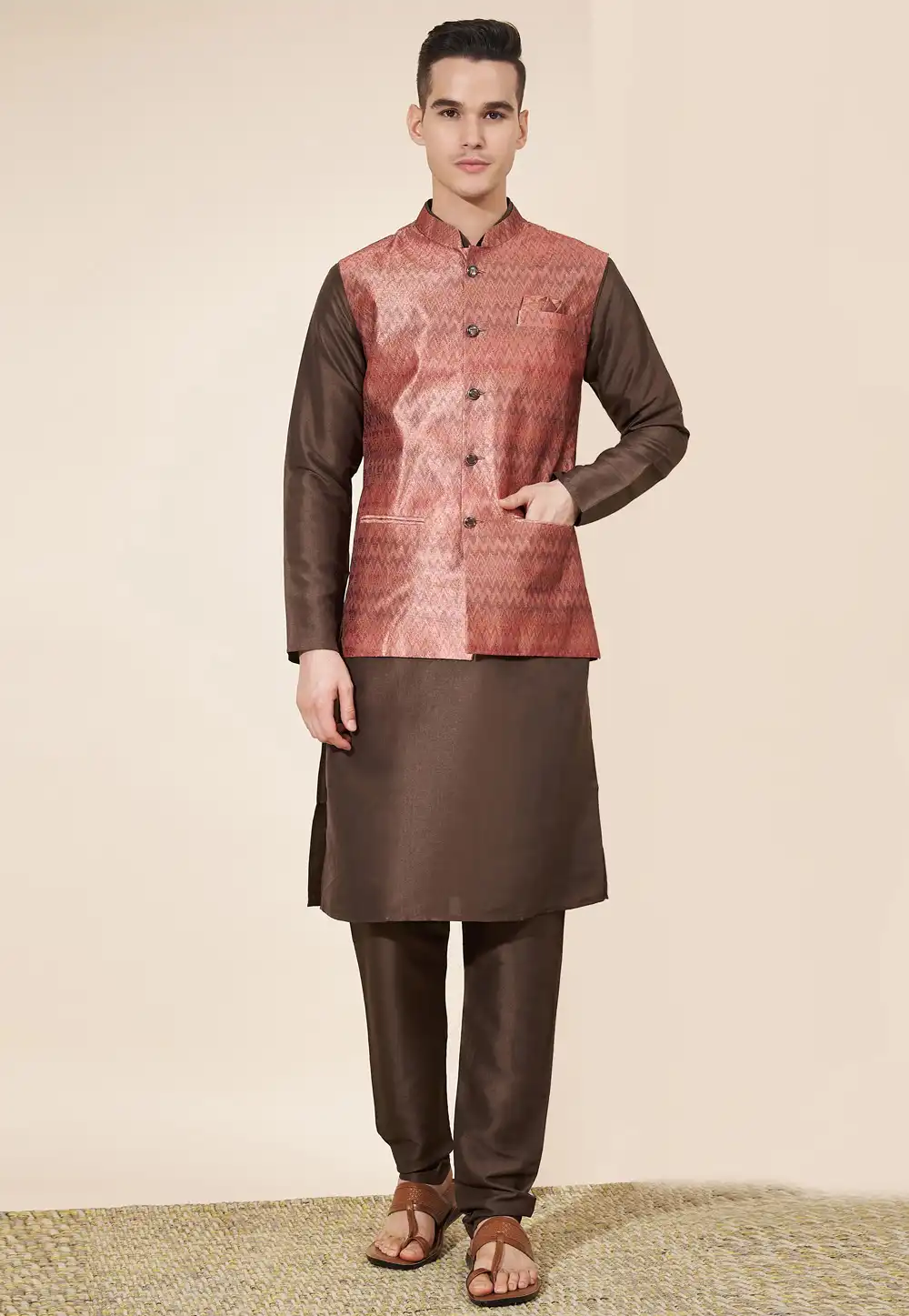 Brown Silk Kurta Pajama With Jacket 287880