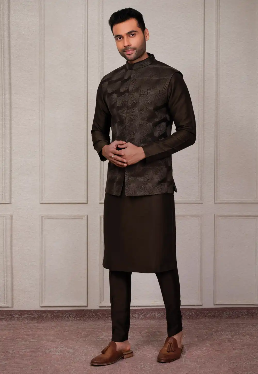 Brown Silk Kurta Pajama With Jacket 293912