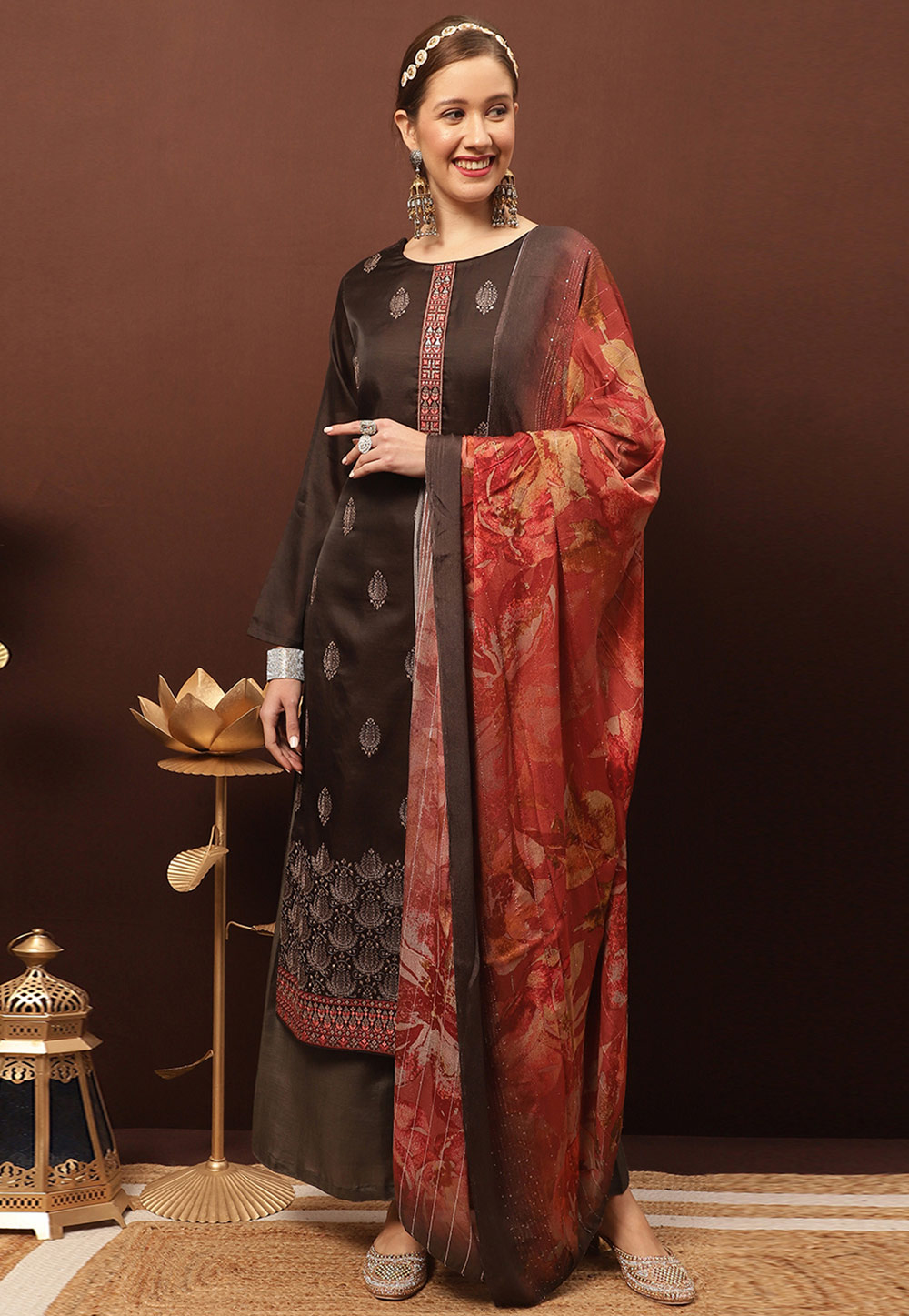 Brown Silk Palazzo Suit 310458