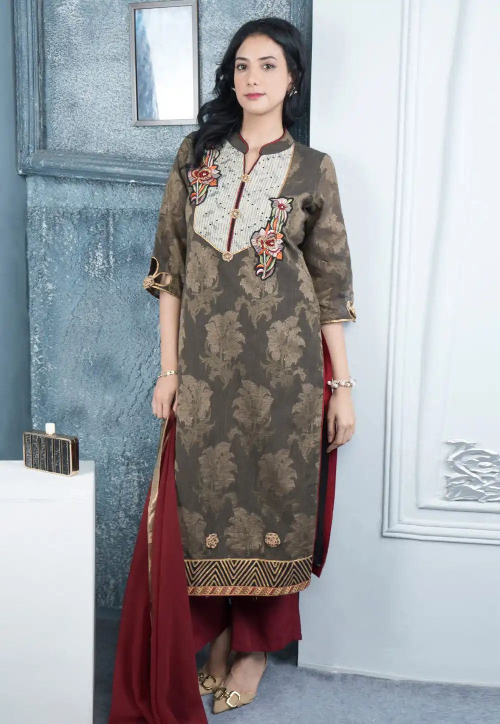 Brown Silk Readymade Palazzo Suit 290506