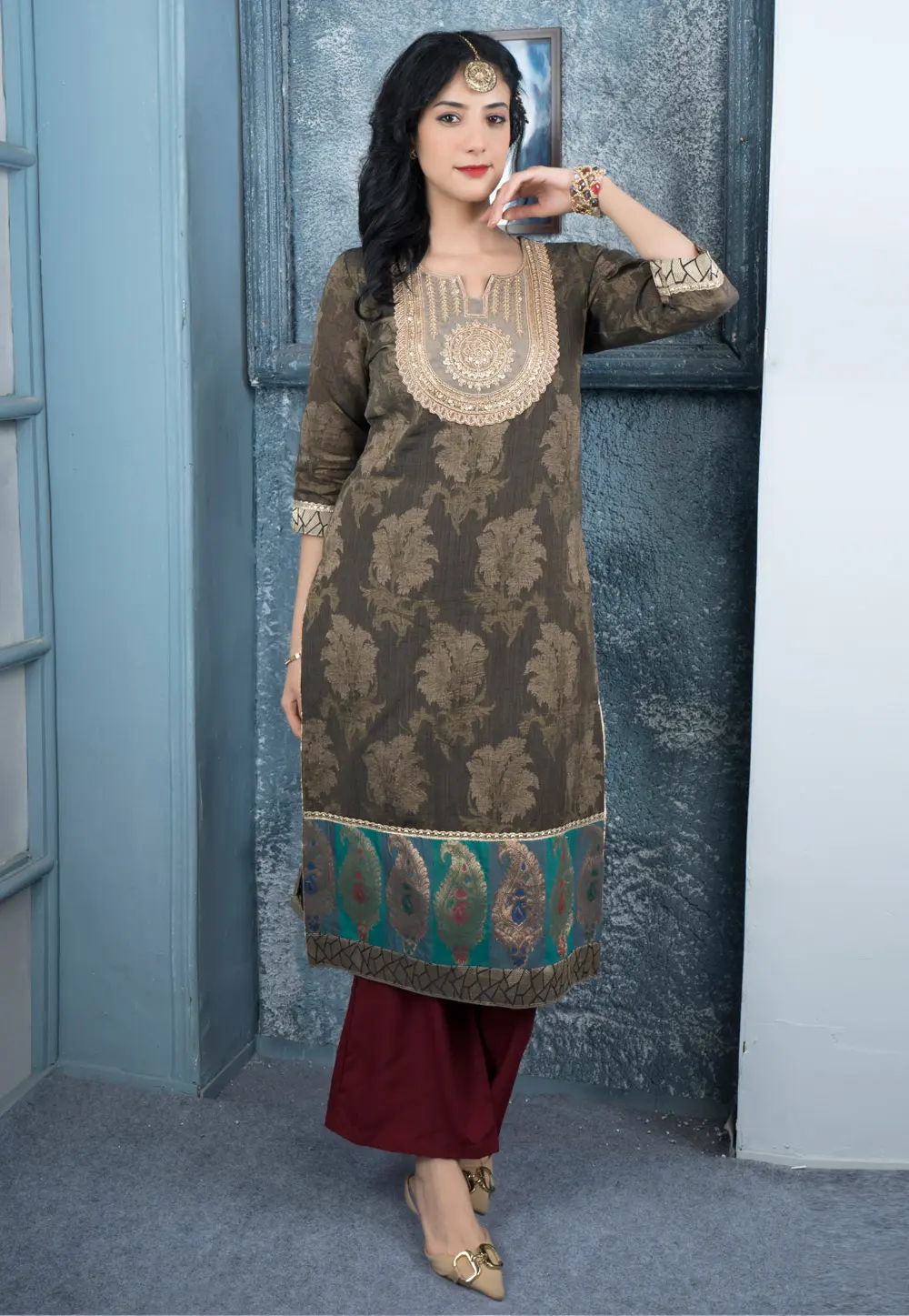 Brown Silk Readymade Palazzo Suit 297913