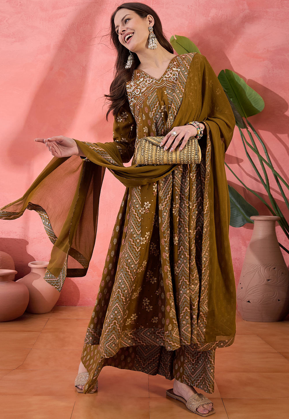 Brown Silk Readymade Palazzo Suit 309164
