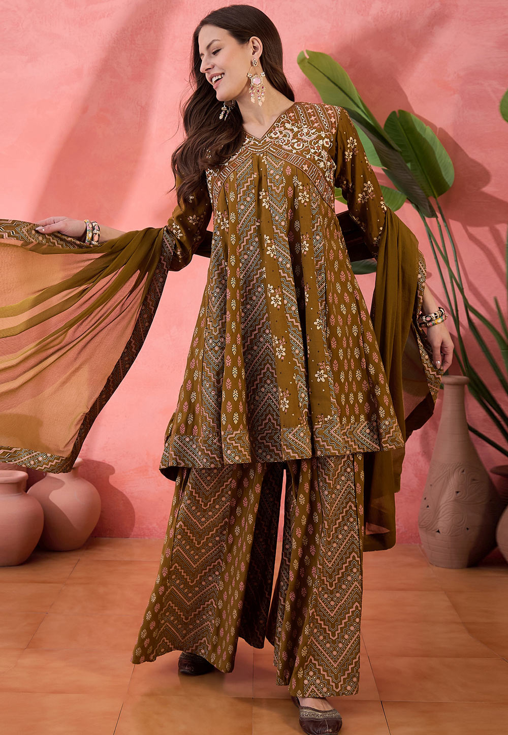 Brown Silk Readymade Palazzo Suit 309166