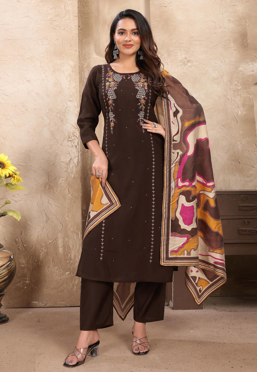 Brown Silk Readymade Pant Style Suit 284823