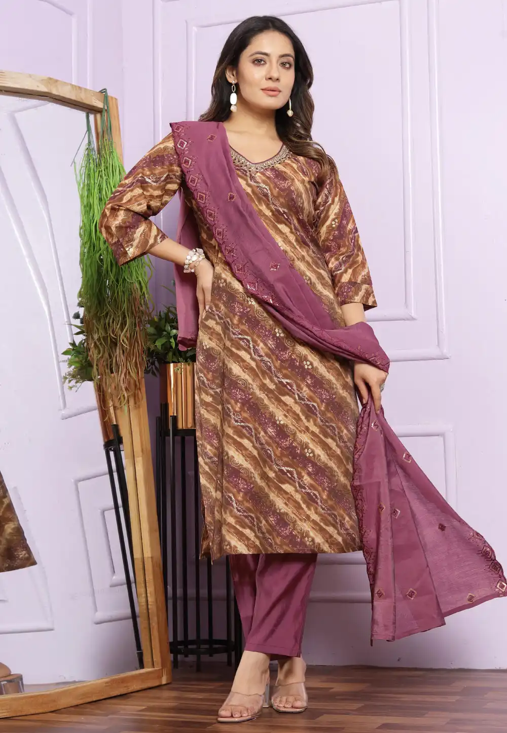 Brown Silk Readymade Pant Style Suit 289443