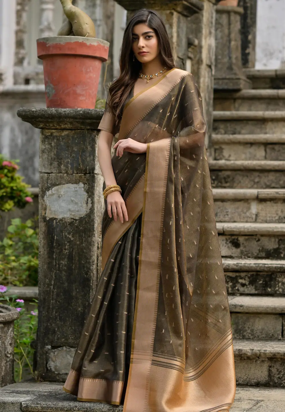 Brown Silk Saree With Blouse 304377