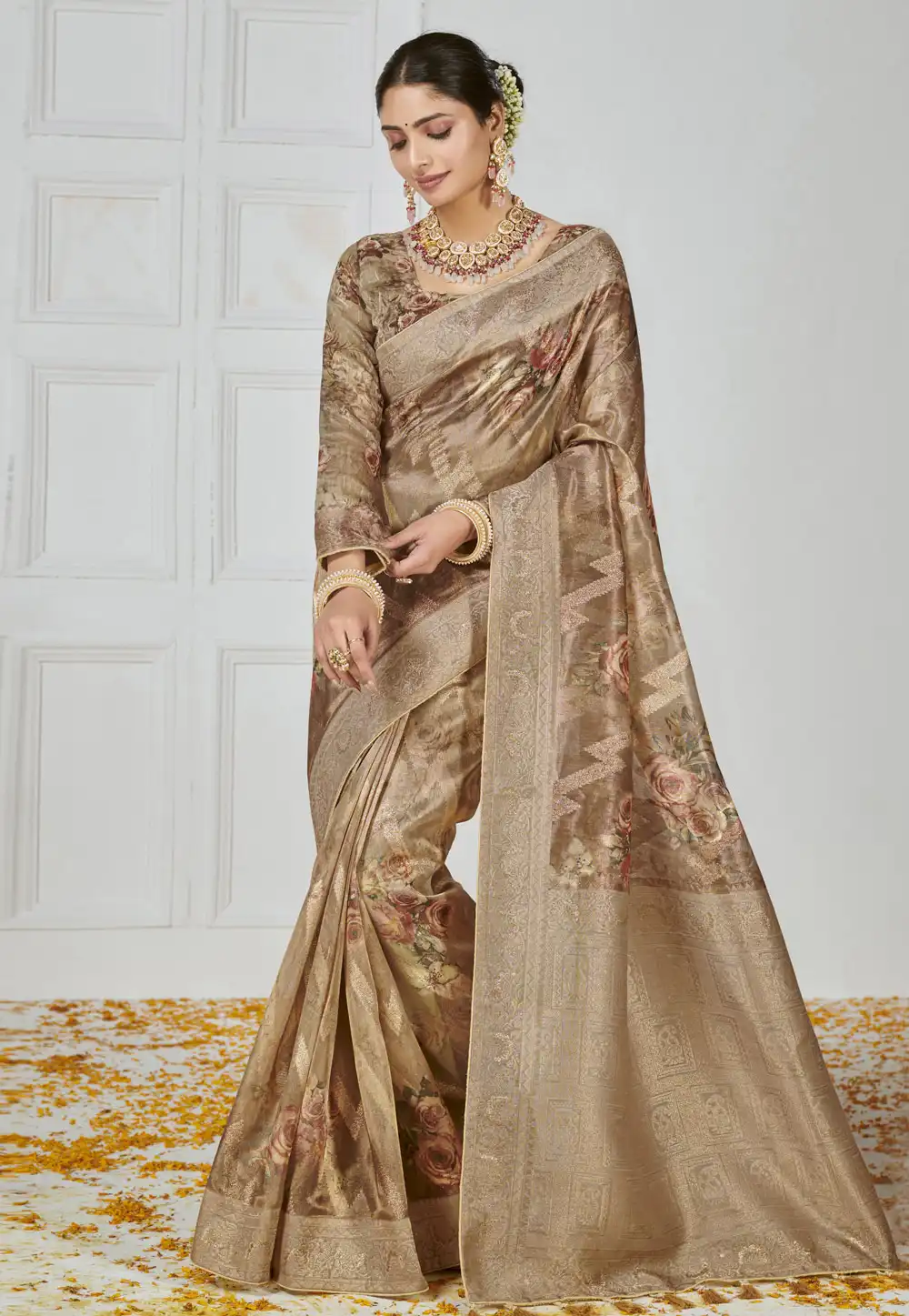 Brown Tissue Saree With Blouse 289098