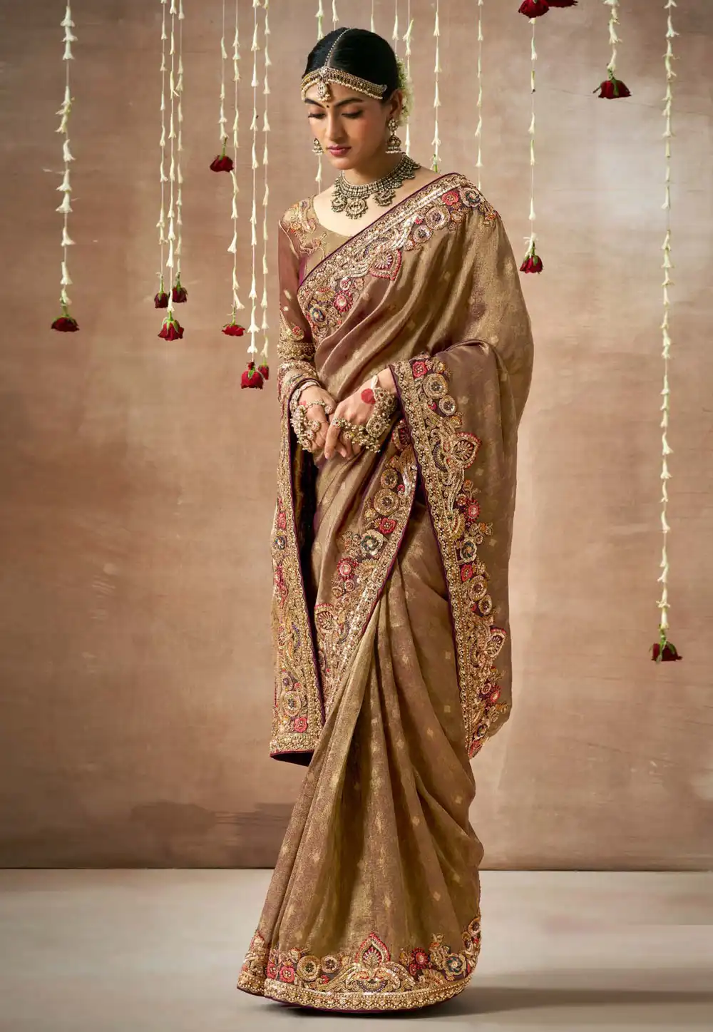 Brown Tissue Silk Saree With Blouse 295077