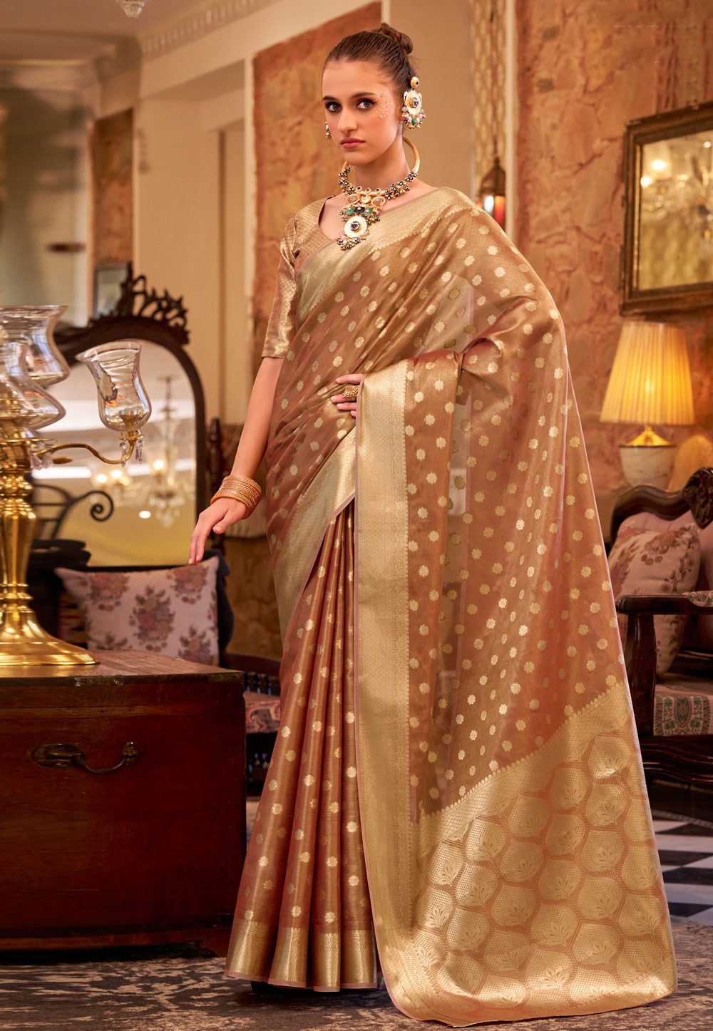 Brown Tissue Silk Saree With Blouse 311010
