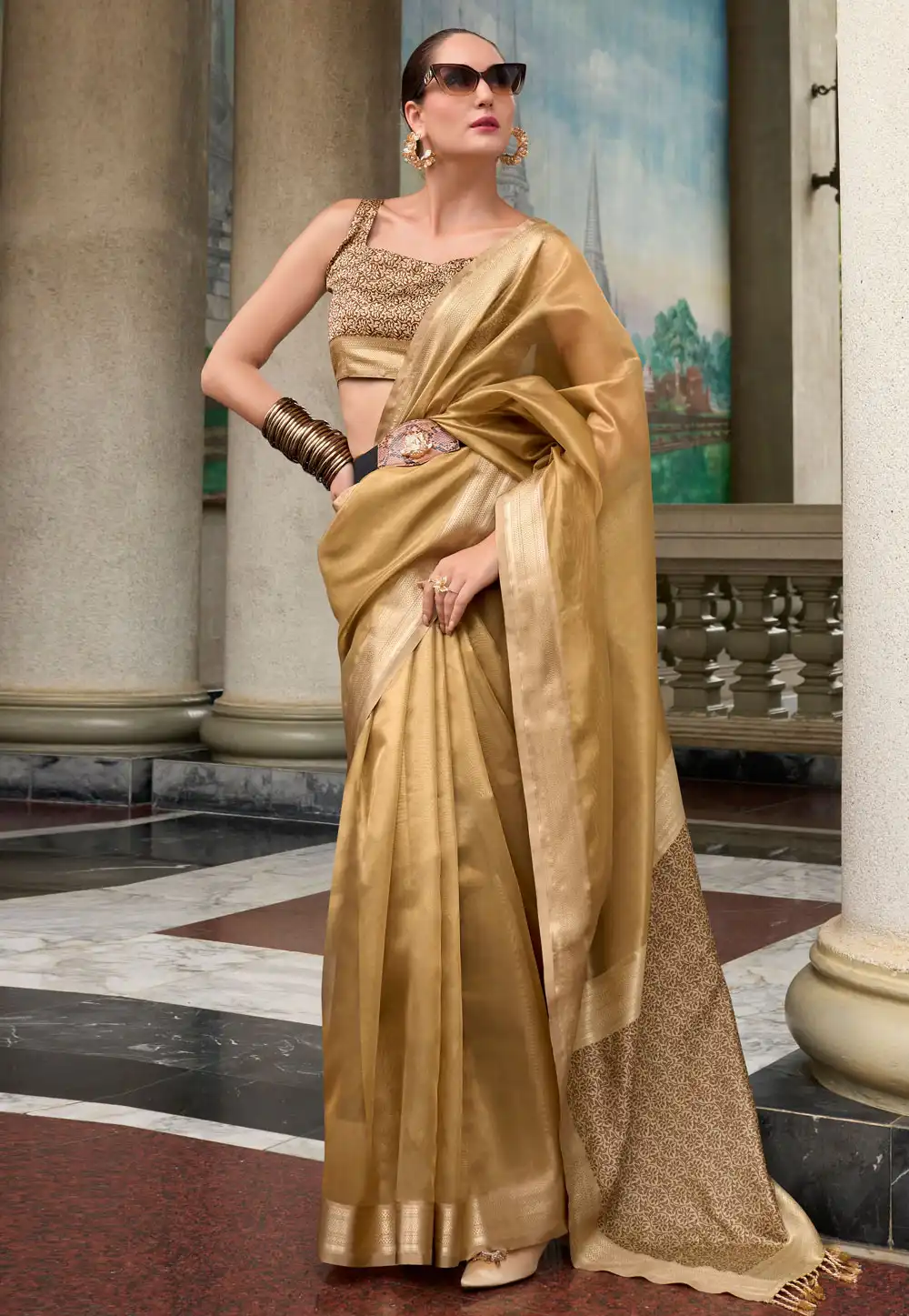 Brown Tissue Silk Saree With Blouse 294265