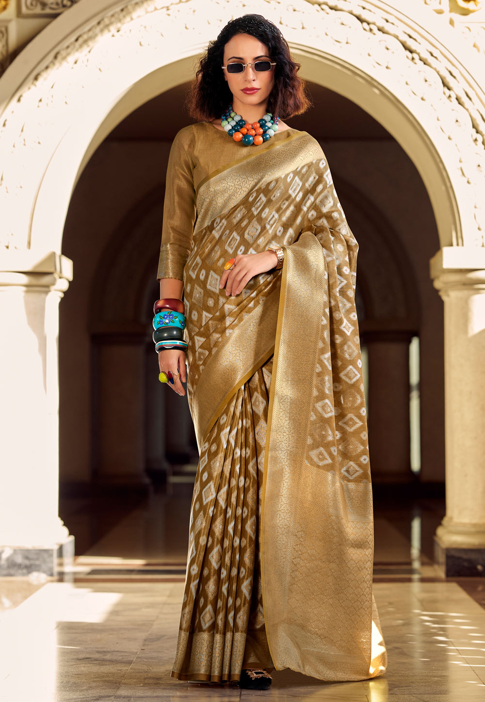 Brown Tissue Silk Saree With Blouse 305681