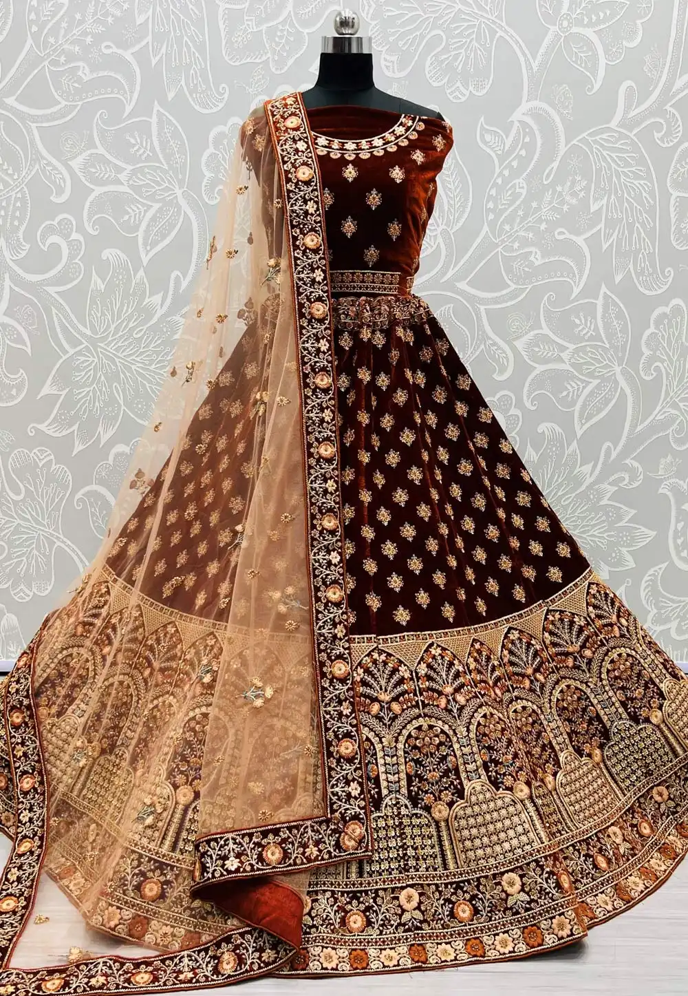 Brown Velvet Bridal Lehenga Choli 292125