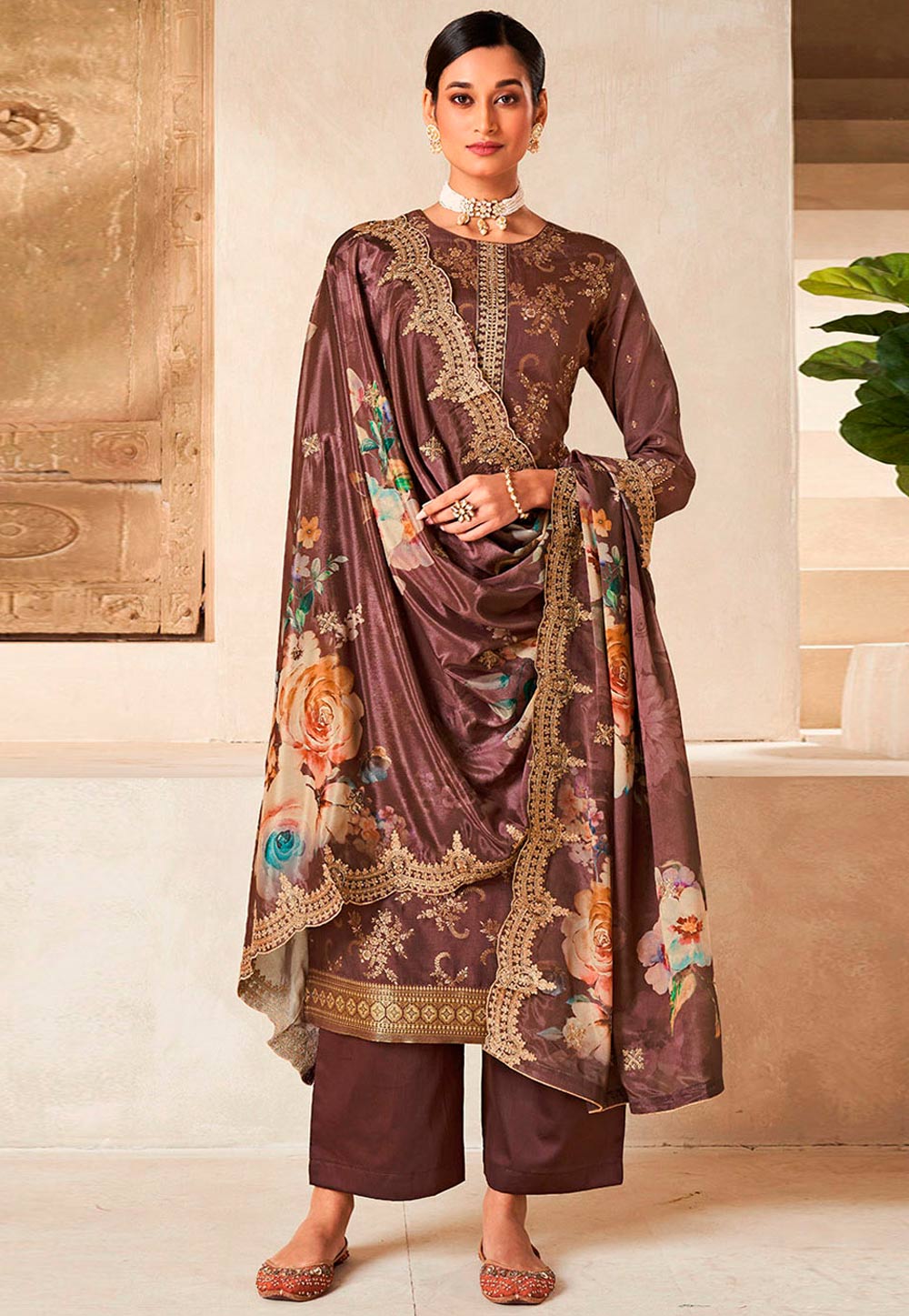 Brown Viscose Palazzo Suit 309576