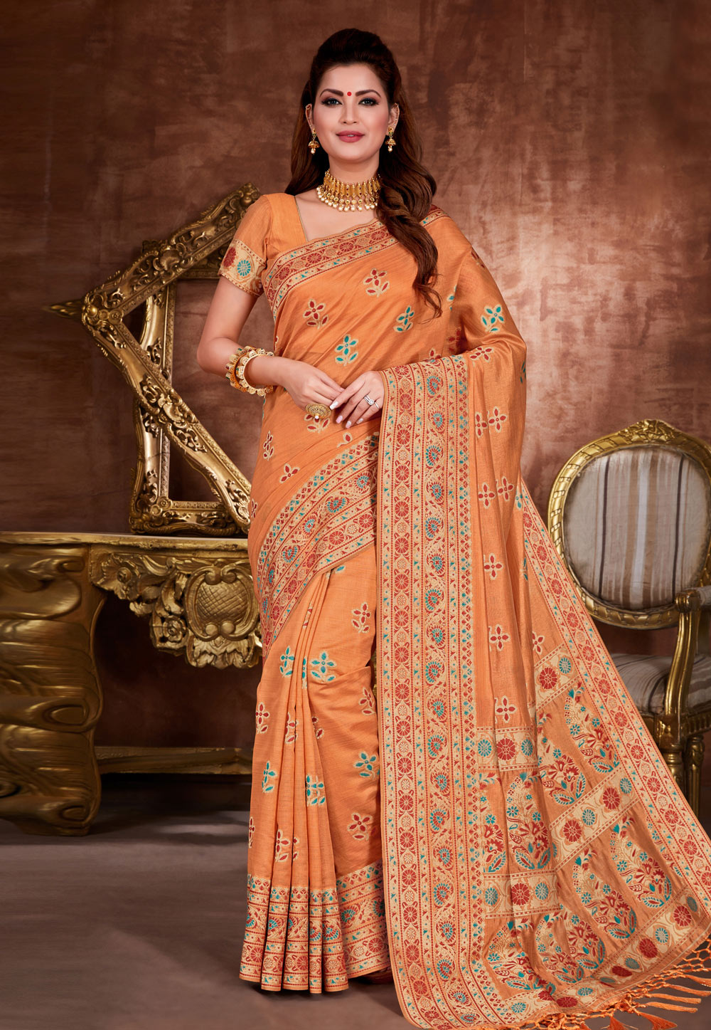 Orange Tussar Silk Saree With Blouse 219087